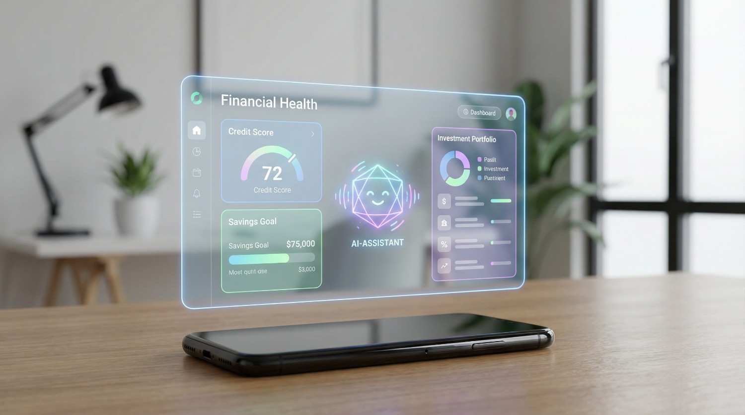 A futuristic holographic banking interface on a smartphone representing Agentic AI financial management.